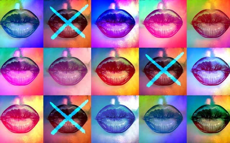 A 4x4 grid of glossy lips in vibrant, shifting neon colors, with four lips crossed out by bold blue Xs. Each square varies in hue, creating a psychedelic pop-art effect against a backdrop of blended, saturated tones.