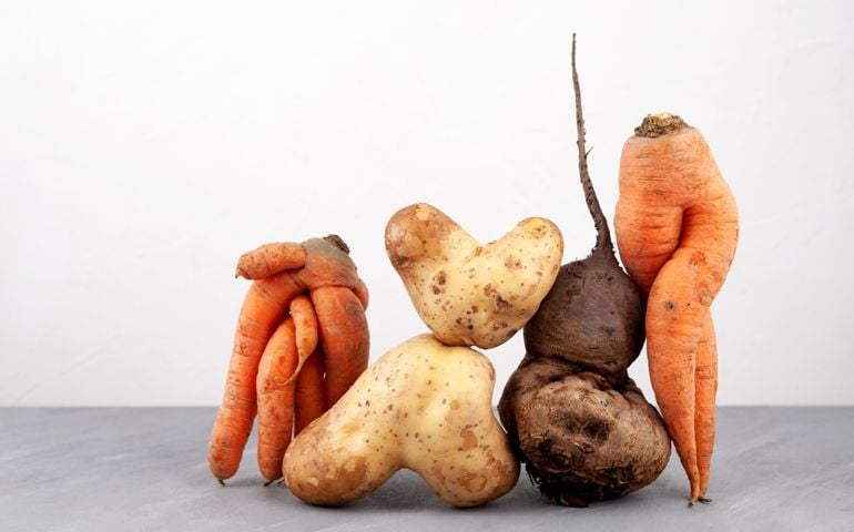 A group of unusually shaped root vegetables — including carrots, potatoes, and beets — stands upright on a gray surface against a white background. Their knobby, twisted forms resemble exaggerated human features, adding a cheeky, suggestive visual element.