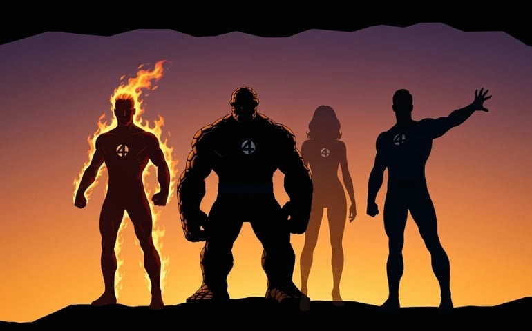 Four silhouetted figures stand in front of a vivid sunset sky, each wearing the Fantastic Four emblem. From left to right: one figure is engulfed in flames, another appears rock-like and bulky, the third has a sleek build, and the last extends an arm outward in mid-gesture.
