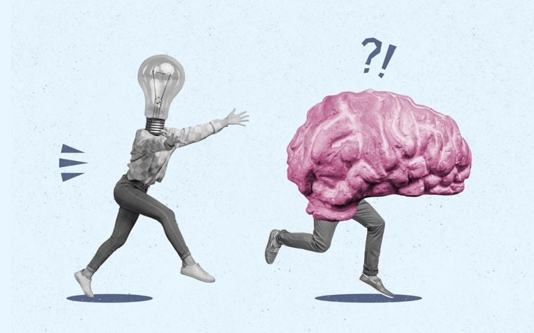 A surreal collage shows a person with a lightbulb for a head chasing another figure with a giant pink brain for a head. The brain character appears startled, shown with exclamation and question marks above it, as both figures run across a pale blue background.