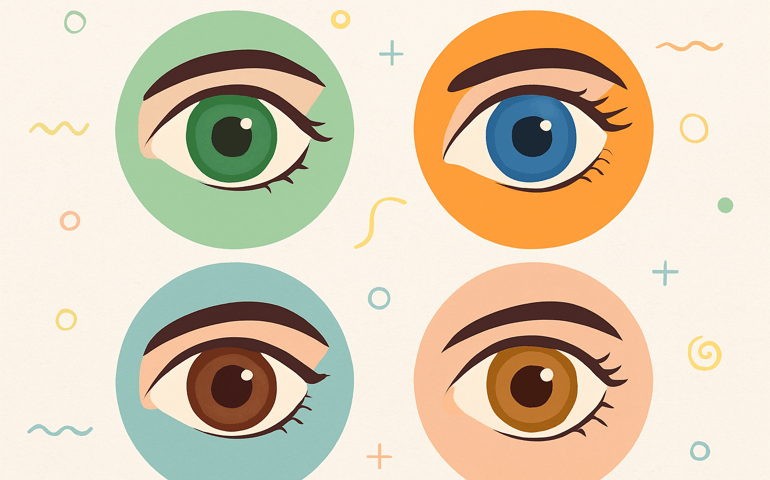 Illustration of four human eyes in different colors—green, blue, brown, and hazel—each framed in a colorful circle against a light background with playful abstract shapes.