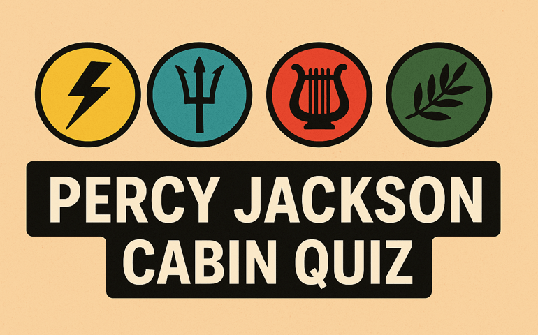 A graphic design for the “Percy Jackson Cabin Quiz.” Four circular icons sit at the top, each with a bold black symbol: a yellow circle with a lightning bolt, a teal circle with a trident, a red circle with a lyre, and a green circle with an olive branch. Below, large bold white text on a black background reads “Percy Jackson Cabin Quiz.” The style is clean, modern, and colorful.