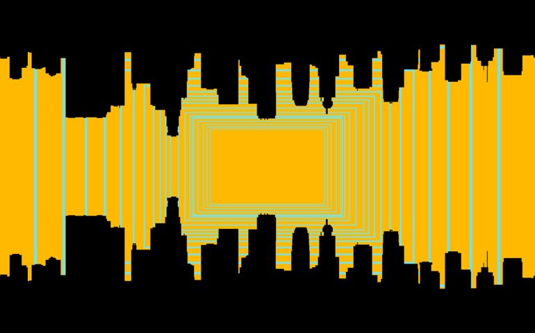 Silhouetted city skylines in black flank both sides of a symmetrical, geometric tunnel composed of yellow and turquoise rectangles that recede toward the center. The design creates a mirrored, optical illusion effect with vibrant contrast.