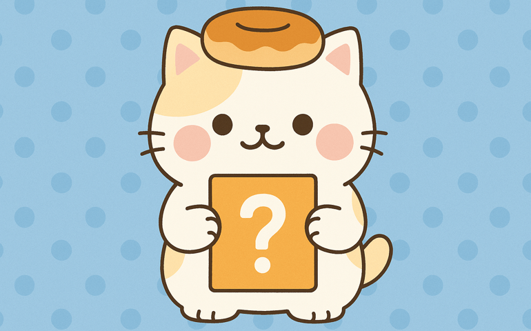 Kawaii-style illustration of a chubby cream and orange cat with pink cheeks and a donut hat, holding an orange quiz card with a white question mark, against a light blue polka-dot background.