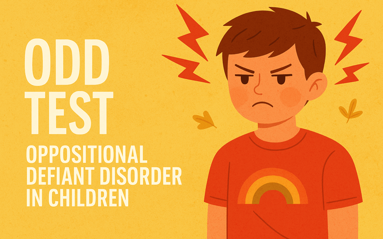 A digital illustration of a young boy with an angry expression wearing a red shirt with a rainbow design. Red lightning bolts appear near his head to symbolize frustration or defiance. The background is warm yellow with subtle leaf shapes, creating a simple and expressive depiction of oppositional behavior in children.