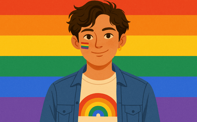 A digital illustration of a young person with short dark hair standing confidently in front of a rainbow pride flag. They wear a blue denim jacket over a cream T-shirt featuring a rainbow design, with a small pride flag painted on their cheek and a gold hoop earring. The warm tones and soft textures evoke a sense of inclusivity, self-expression, and pride.