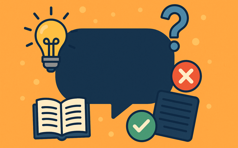 Colorful wide digital illustration on an orange background featuring playful trivia icons — a glowing light bulb, open book, green checkmark, red X, question mark, and a dark blue speech bubble in the center — representing a general trivia theme without any text.