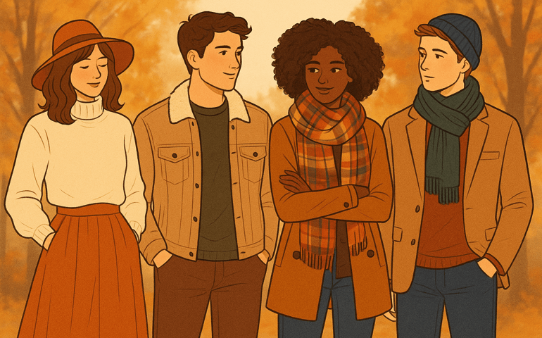 A cozy autumn illustration showing four people standing together in a fall landscape. Each wears a different seasonal outfit: one in a turtleneck sweater, long skirt, and hat; one in a shearling jacket; one in a plaid scarf and brown coat; and one in a tan jacket with a beanie and scarf. The background features soft orange and golden leaves, evoking a warm fall atmosphere.