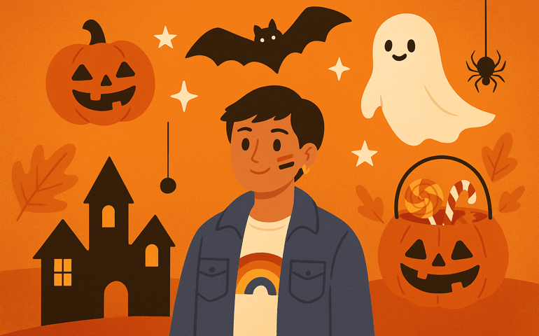 A warm, orange-toned Halloween illustration featuring classic spooky icons: a smiling jack-o’-lantern, a haunted house, a friendly ghost, a bat, a spider, and a pumpkin candy bucket filled with sweets. A person in casual fall attire stands in the foreground with face paint and a small smile, surrounded by floating stars and autumn leaves. The atmosphere is festive, fun, and slightly spooky.