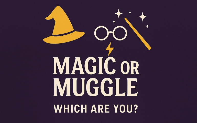 A graphic design for the quiz “Magic or Muggle: Which Are You?” on a dark purple background. The image features bold cream-colored text reading “Magic or Muggle – Which Are You?” Above the text are magical icons in gold and white: a pointed wizard’s hat, round glasses, a lightning bolt, a wand, and sparkling stars. The style is clean, modern, and whimsical.