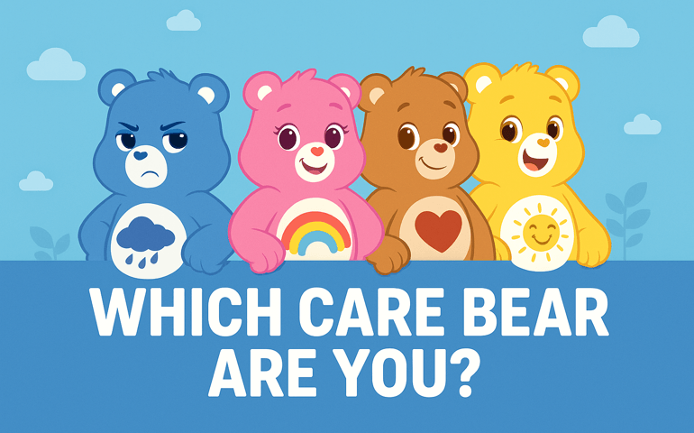 A colorful illustration of four Care Bears standing in a row against a bright blue sky with clouds. From left to right: Grumpy Bear, a blue bear with a rain cloud on his belly; Cheer Bear, a pink bear with a rainbow; Tenderheart Bear, a brown bear with a red heart; and Funshine Bear, a yellow bear with a smiling sun. Each has a friendly expression, representing different personalities from the Care Bears universe.