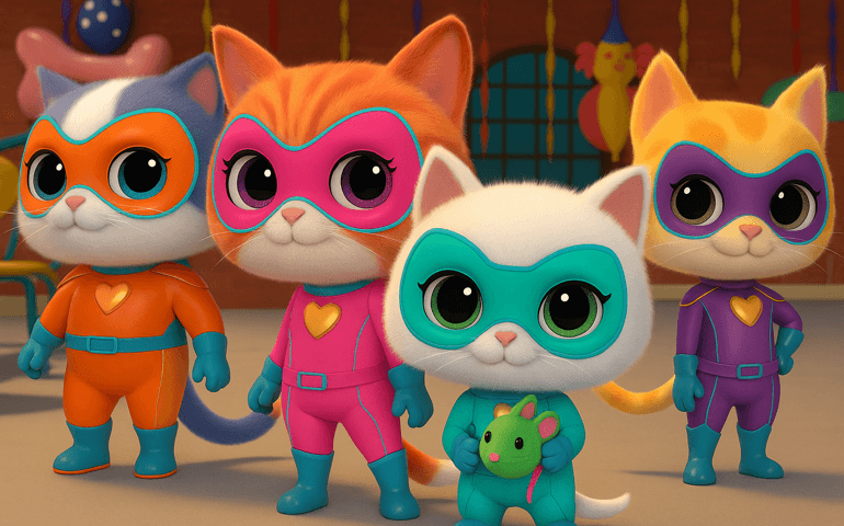 Four cartoon superhero kittens stand together in a brightly decorated indoor setting. Each kitten has large, shiny eyes and wears a colorful skintight suit with a heart emblem on the chest, along with matching gloves, boots, and a mask. The first kitten wears an orange suit with a blue belt, the second an orange-and-pink suit, the third a turquoise suit holding a green plush mouse, and the fourth a purple-and-yellow suit. Behind them are balloons, streamers, and party decorations. The style is playful, 3D, and full of charm.
