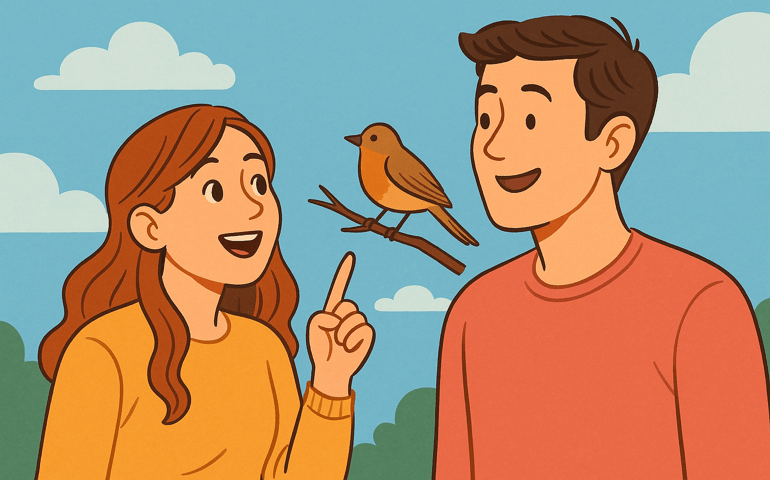 A warm, cheerful illustration of a couple outdoors on a sunny day. The woman, wearing a yellow sweater, points excitedly at a small brown bird perched on a branch, while the man in a coral shirt smiles as he looks at the bird. The sky is bright blue with white clouds, creating a lighthearted and affectionate atmosphere that suggests shared joy and emotional connection.