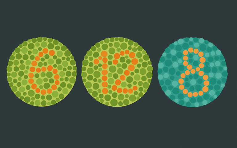A digital illustration of three circular Ishihara-style color vision test patterns on a dark background. Each circle is made of colored dots forming numbers: 6, 12, and 8. The designs feature shades of green, orange, and blue, representing tests used to assess color perception.