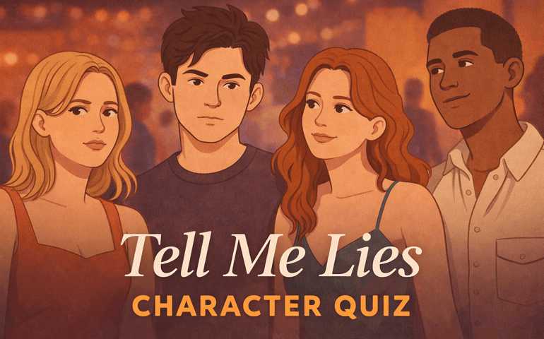 A stylized illustration of four young adults standing close together against a warm, softly lit party background. The group includes a blonde woman in a red dress, a dark-haired man in a black shirt, a red-haired woman in a teal dress, and a man in a light button-up shirt. Their expressions suggest tension, intrigue, and complex relationships, reflecting the dramatic tone of the series.